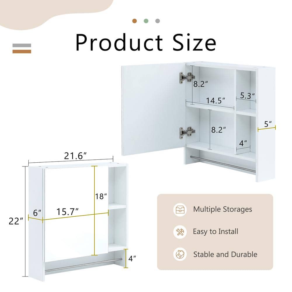 Polibi 21.6 in. W x 22 in. H White Rectangular Wall Mounted Medicine Cabinet with Mirror, Shelves and Towel Rack