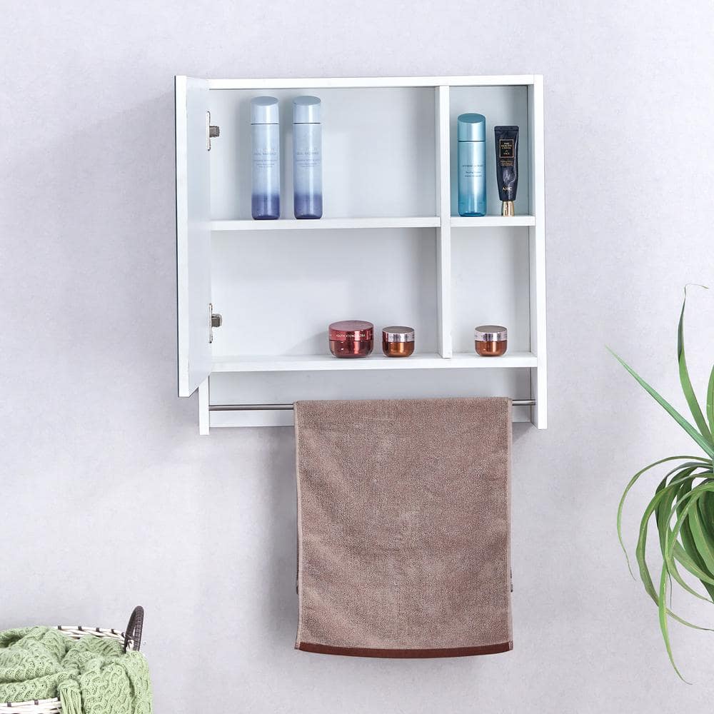 Polibi 21.6 in. W x 22 in. H White Rectangular Wall Mounted Medicine Cabinet with Mirror, Shelves and Towel Rack