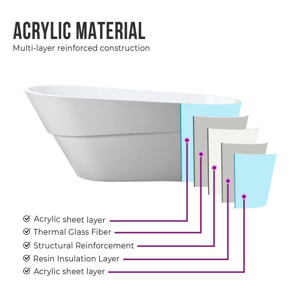 Vanity Art Nanterre 67 in. Acrylic Flatbottom Freestanding Bathtub in White