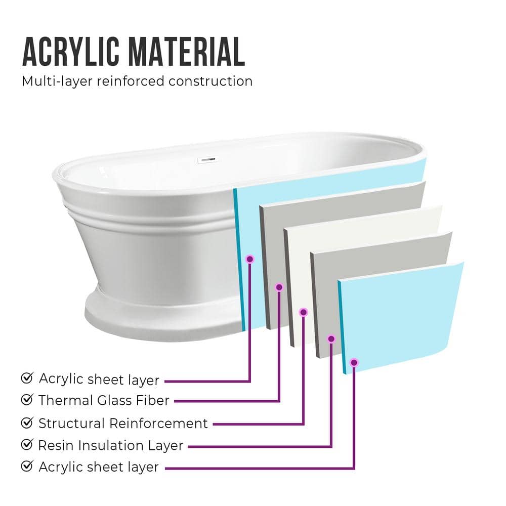 Vanity Art Versailles 67 in. Acrylic Flatbottom Freestanding Bathtub in White/Polished Chrome