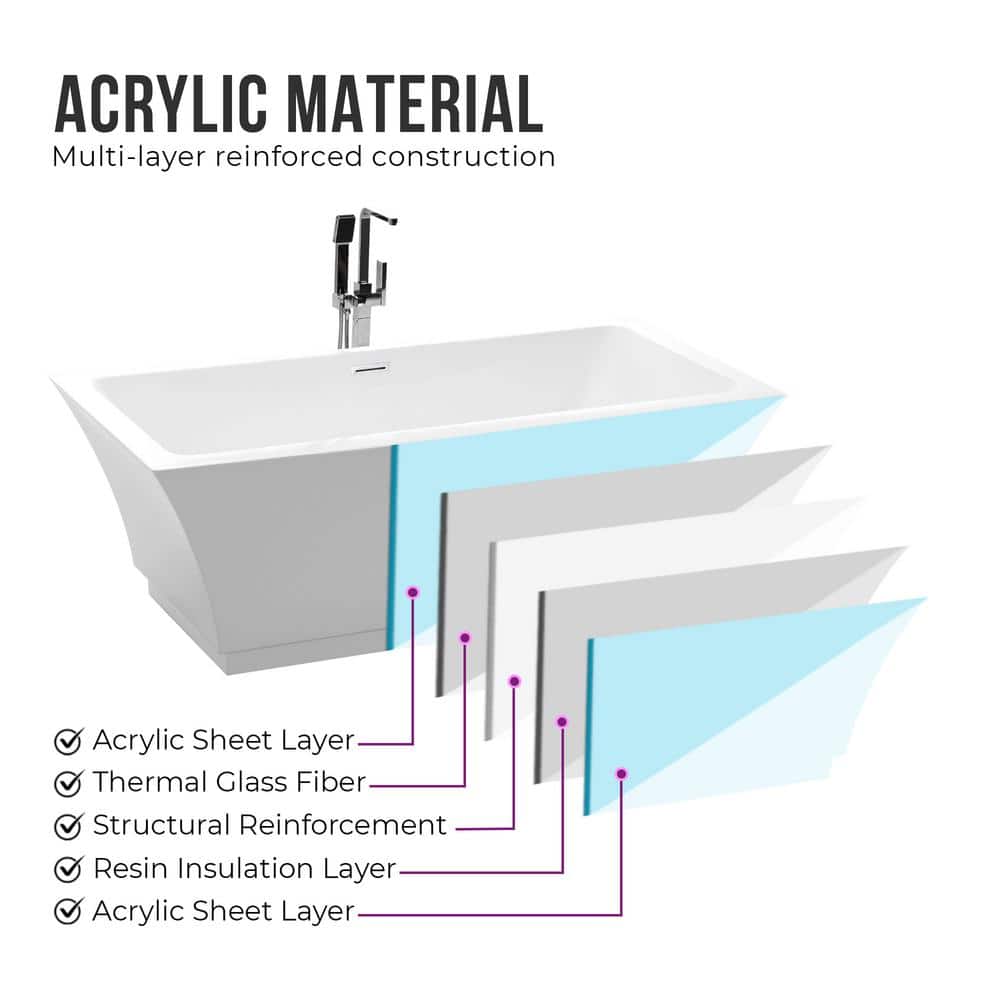 Vanity Art Strasbourg 59 in. Acrylic Flatbottom Freestanding Bathtub in White