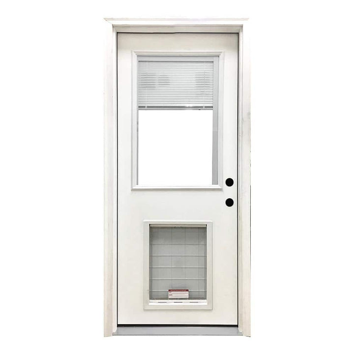 Steves & Sons 32 in. x 80 in. Reliant Series Clear Mini-Blind LHIS White Primed Fiberglass Prehung Front Door with XL Pet Door
