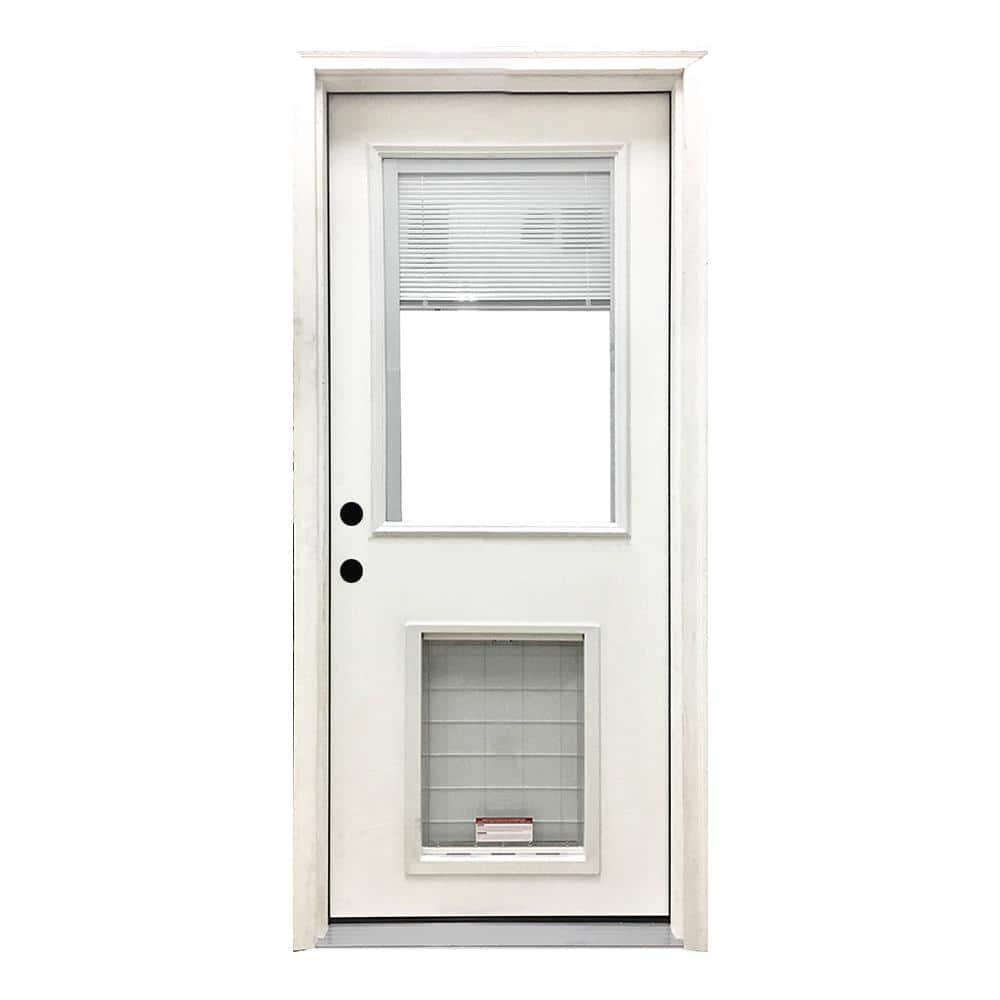 Steves & Sons 32 in. x 80 in. Reliant Series Clear Mini-Blind LHIS White Primed Fiberglass Prehung Front Door with Large Pet Door