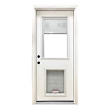 Steves & Sons 32 in. x 80 in. Reliant Series Clear Mini-Blind LHIS White Primed Fiberglass Prehung Front Door with Large Pet Door