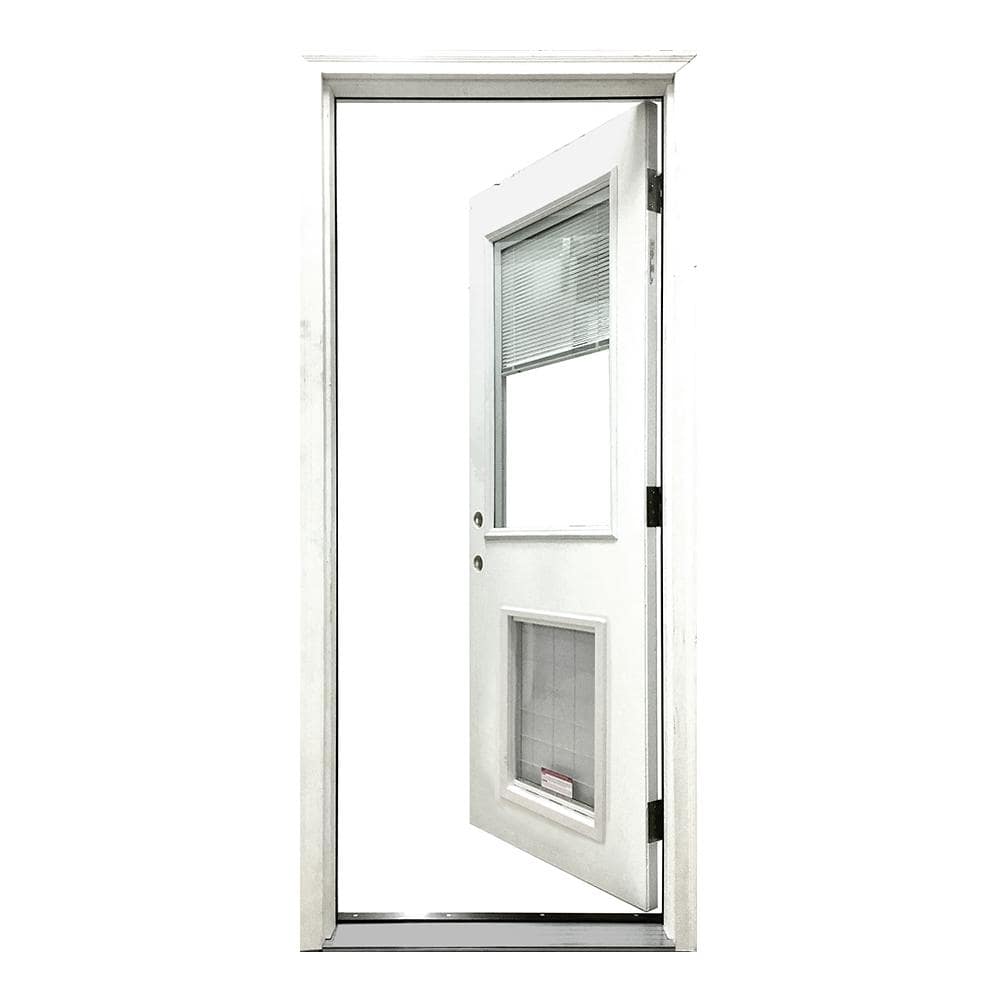 Steves & Sons 32 in. x 80 in. Reliant Series Clear Mini-Blind LHIS White Primed Fiberglass Prehung Front Door with Large Pet Door
