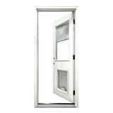 Steves & Sons 32 in. x 80 in. Reliant Series Clear Mini-Blind LHIS White Primed Fiberglass Prehung Front Door with Large Pet Door