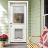 Steves & Sons 32 in. x 80 in. Reliant Series Clear Mini-Blind LHIS White Primed Fiberglass Prehung Front Door with Large Pet Door