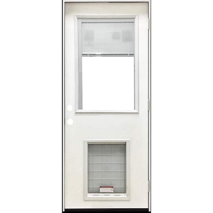 Steves & Sons 32 in. x 80 in. Reliant Series Clear Mini-Blind LHOS White Primed Fiberglass Prehung Back Door with Extra Large Pet Door