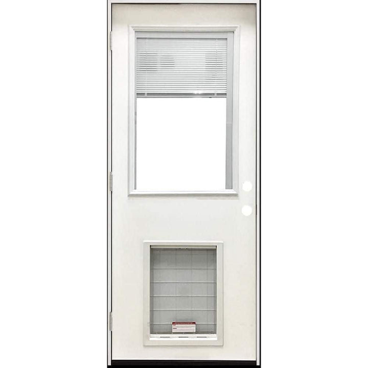 Steves & Sons 36 in. x 80 in. Reliant Series Clear Mini-Blind RHOS White Primed Fiberglass Prehung Front Door with Extra Large Pet Door