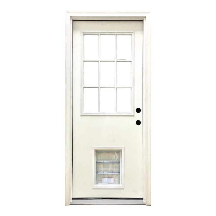Steves & Sons 32 in. x 80 in. Reliant Series Clear 9 Lite LHIS White Primed Fiberglass Prehung Back Door with Large Pet Door