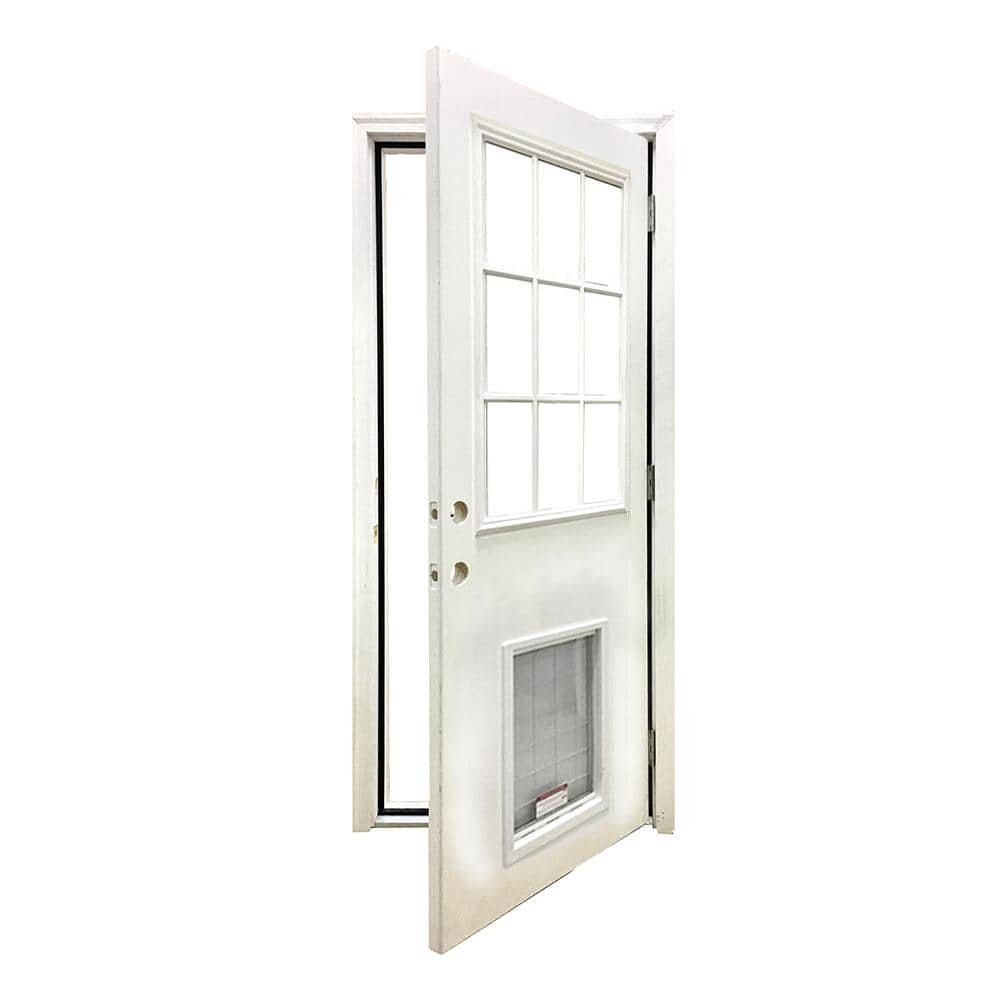 Steves & Sons 36 in. x 80 in. Reliant Series White Primed LHOS 9 Lite Fiberglass Prehung Back Door with Extra Large Pet Door