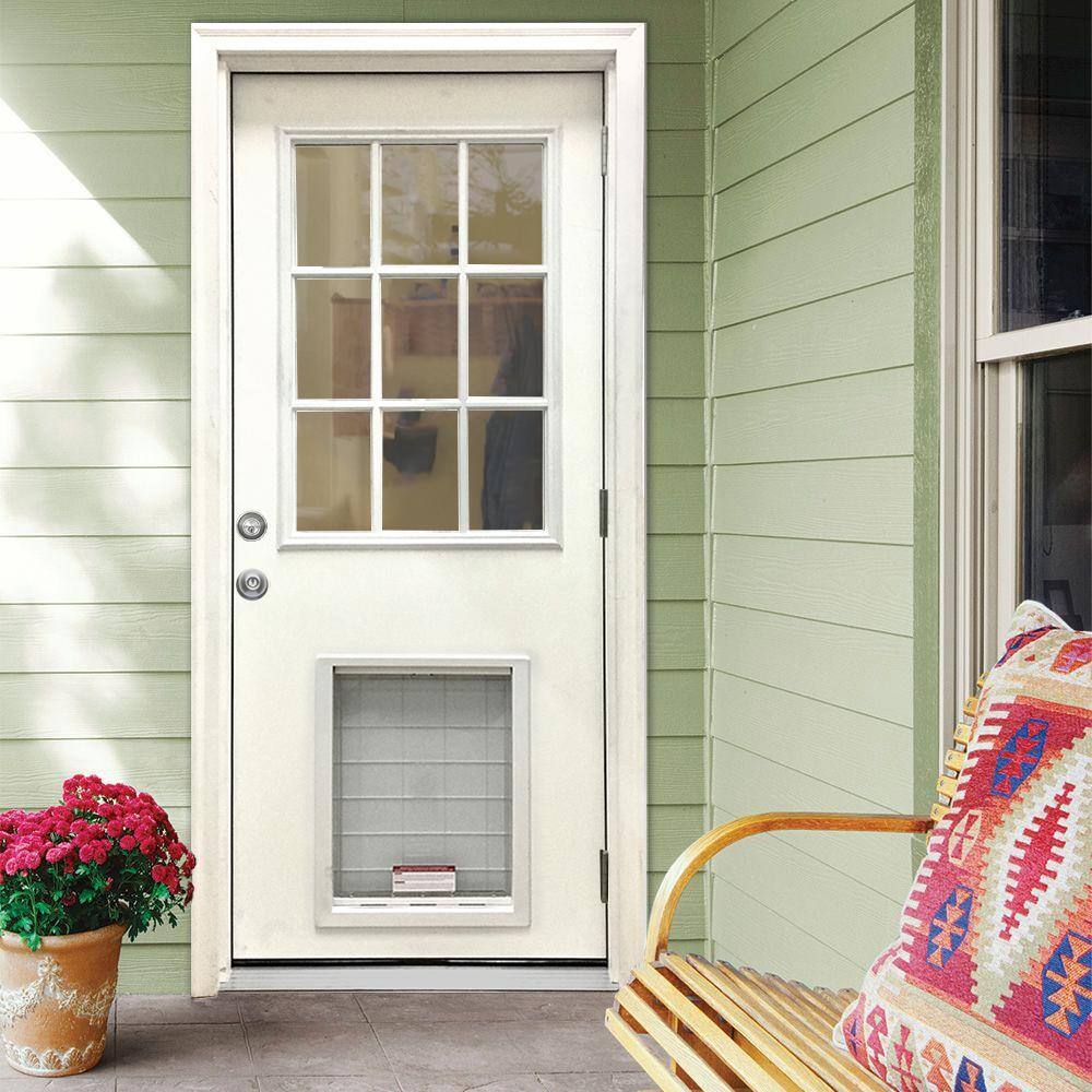 Steves & Sons 36 in. x 80 in. Reliant Series White Primed LHOS 9 Lite Fiberglass Prehung Back Door with Extra Large Pet Door