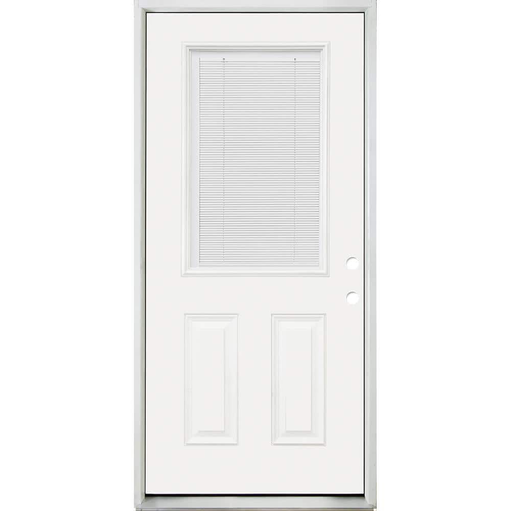 Steves & Sons 32 in. x 80 in. Reliant Clear 1/2 Lite LHIS White Micro-Blind White Primed Fiberglass Prehung Front Door with Nickel Hinges