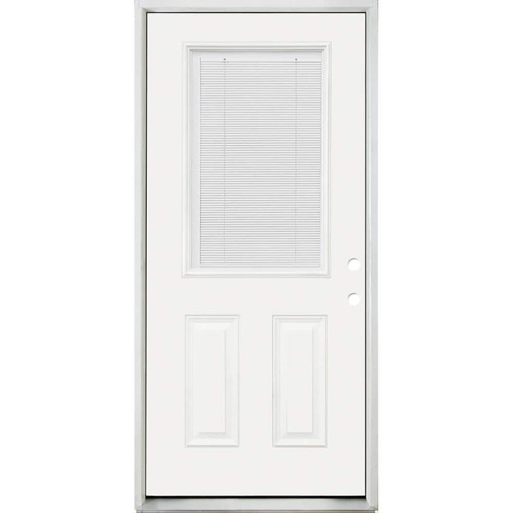 Steves & Sons 32 in. x 80 in. Reliant Clear 1/2 Lite LHIS White Micro-Blind White Primed Fiberglass Prehung Front Door with Nickel Hinges