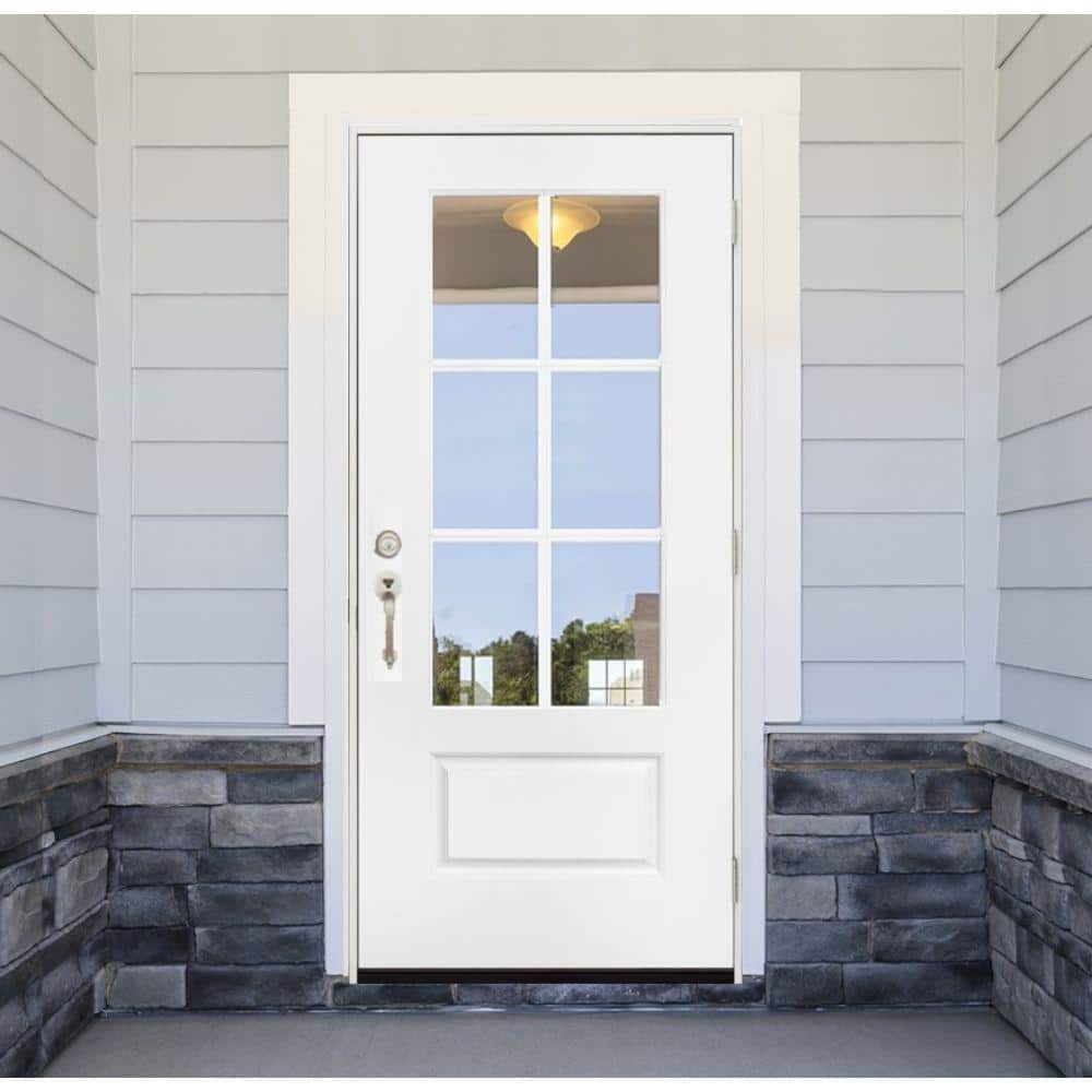 Steves & Sons 36 in. x 80 in. Legacy 6 Lite 3/4 Lite Clear Glass Left Hand Outswing White Primed Fiberglass Prehung Front Door