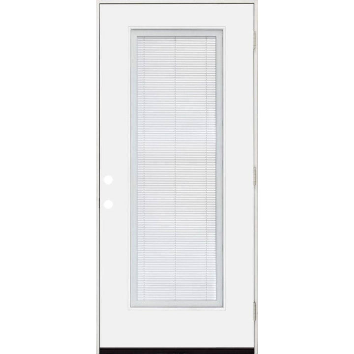 Legacy 32 in. x 80 in. Left-Hand/Outswing Full Lite Clear Glass Mini-Blind White Primed Fiberglass Prehung Front Door