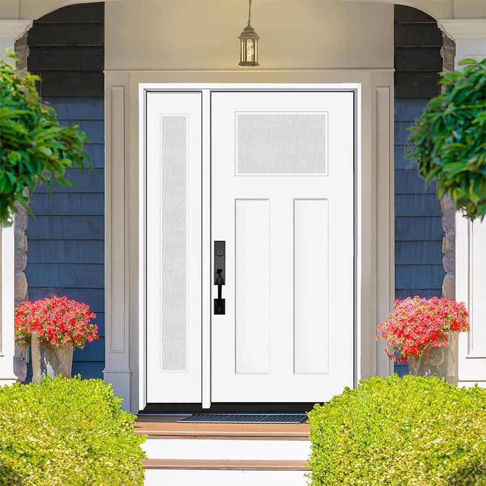 Steves & Sons Legacy Series 51 in. x 81-1/2 in. Primed Fiberglass Front Door, Single with Right Sidelite, Left-Hand Inswing, Bronze Hinges
