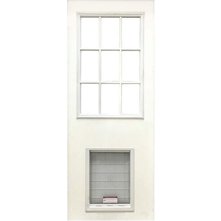 Steves & Sons 31-3/4 in. x 79 in. Reliant Series Clear 9-Lite White Primed Fiberglass Front Door Slab with Extra Large Pet Door