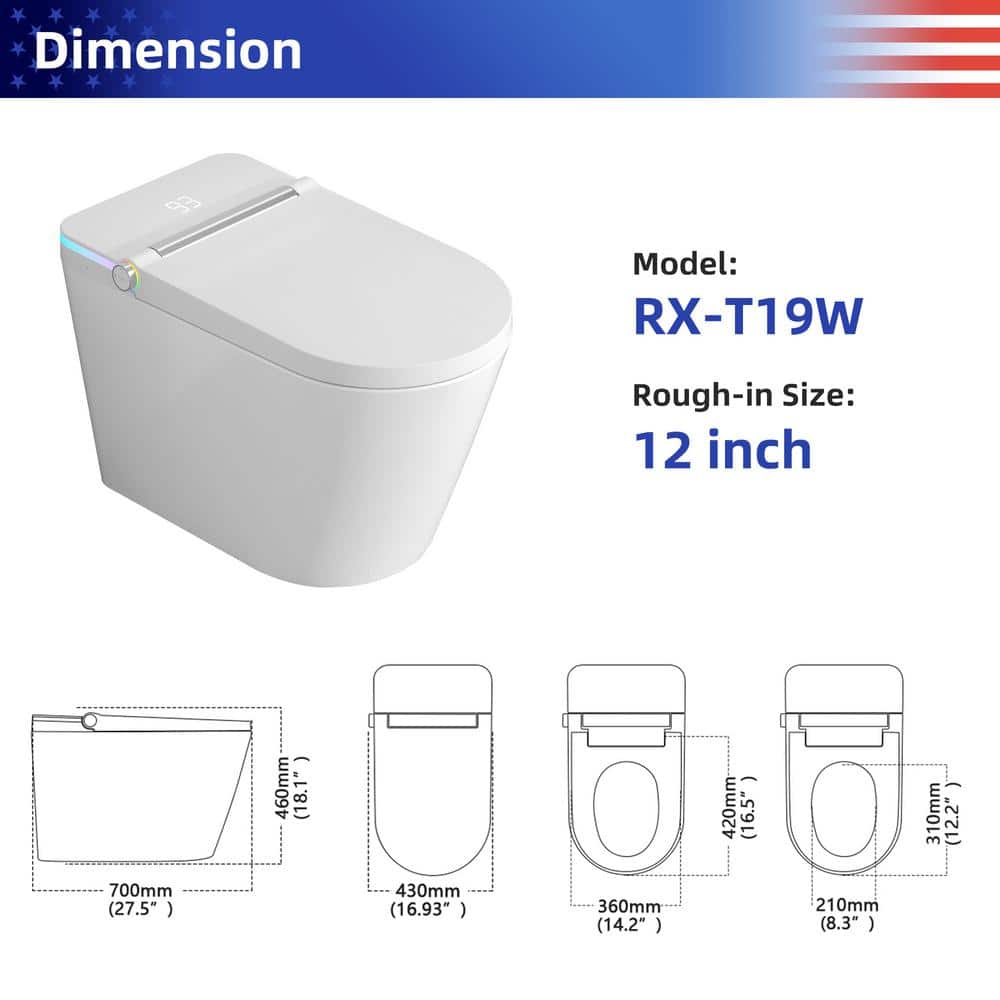 RAINLEX Elongated Bidet Toilet 1.28 GPF in White with Heated Soft Close