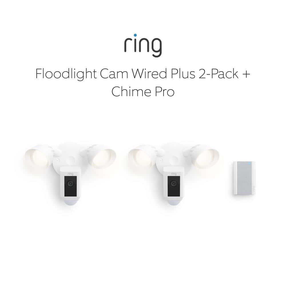 Ring Floodlight Cam Wired Plus Outdoor White Security Standard Surveillance Camera 2-Pack with Chime Pro