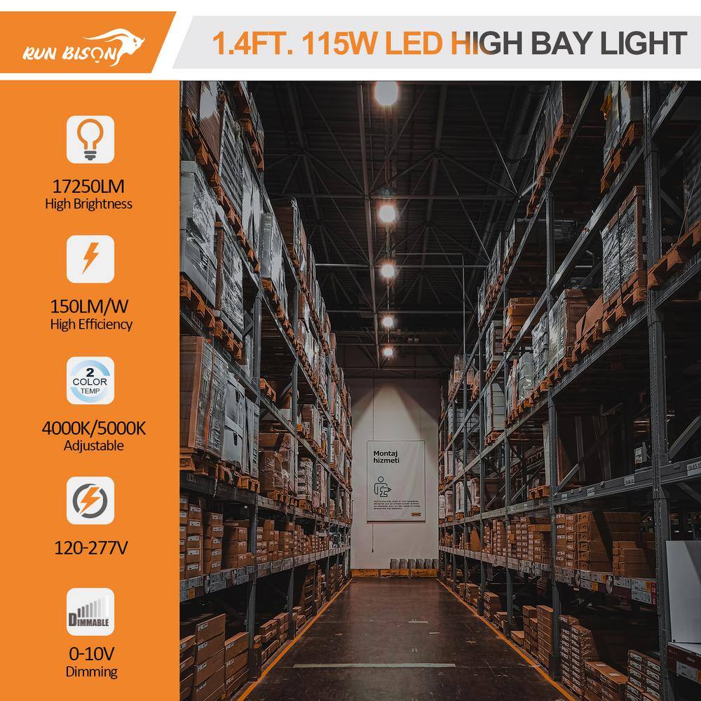 RUN BISON 1.4 ft. 115-Watt 17,000-Lumens Integrated LED Dimmable White Linear High Bay Light 120-277-Volt 4000K/5000K (2-Pack)
