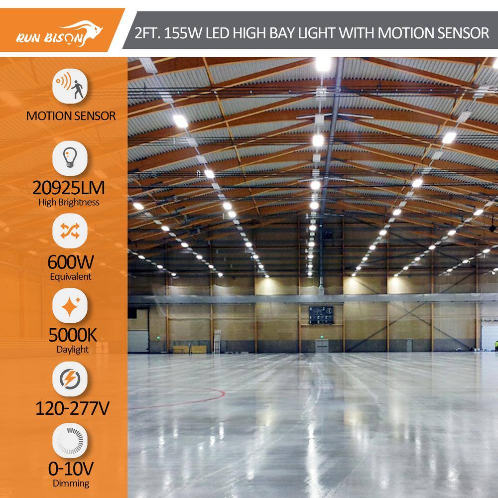 RUN BISON 2 ft. 600-Watt Equivalent Integrated LED High Bay Light with Motion Sensor120-277V 20,925 Lumens 5000K(4-Pack)