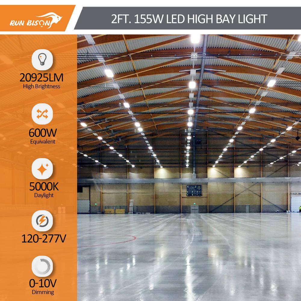RUN BISON 2-PACK 2ft. 600-Watt Equivalent 20925Lumens Integrated LED Dimmable High Bay Light 5000K Daylight 0-10V Dimming