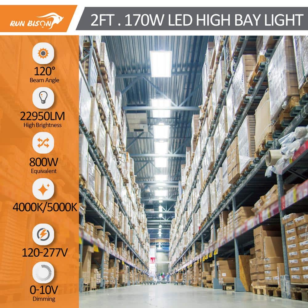 RUN BISON 2-Pack 2ft. 800Watt Equivalent White Integrated LED Dimmable Linear High Bay Light,120- 277Volt 22,950Lumens 4000K/5000K