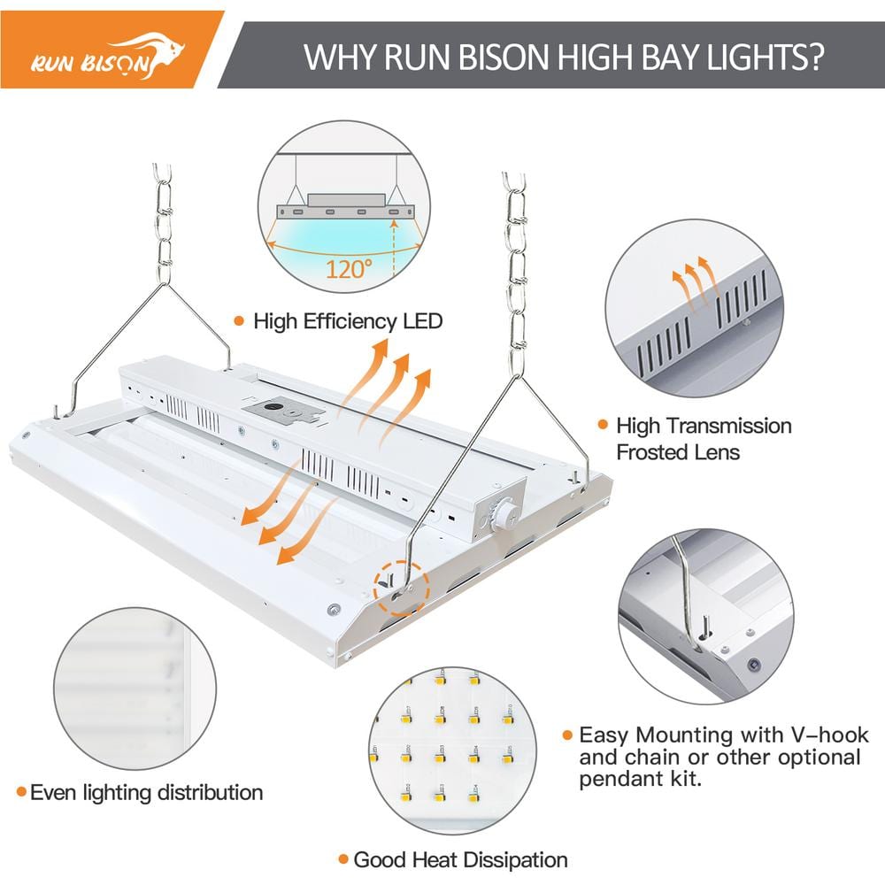 RUN BISON 2 ft. 800-Watt Equivalent Integrated LED Dimmable High Bay Light with 120-277V 28,350lm 5000K Daylight (4-Pack)