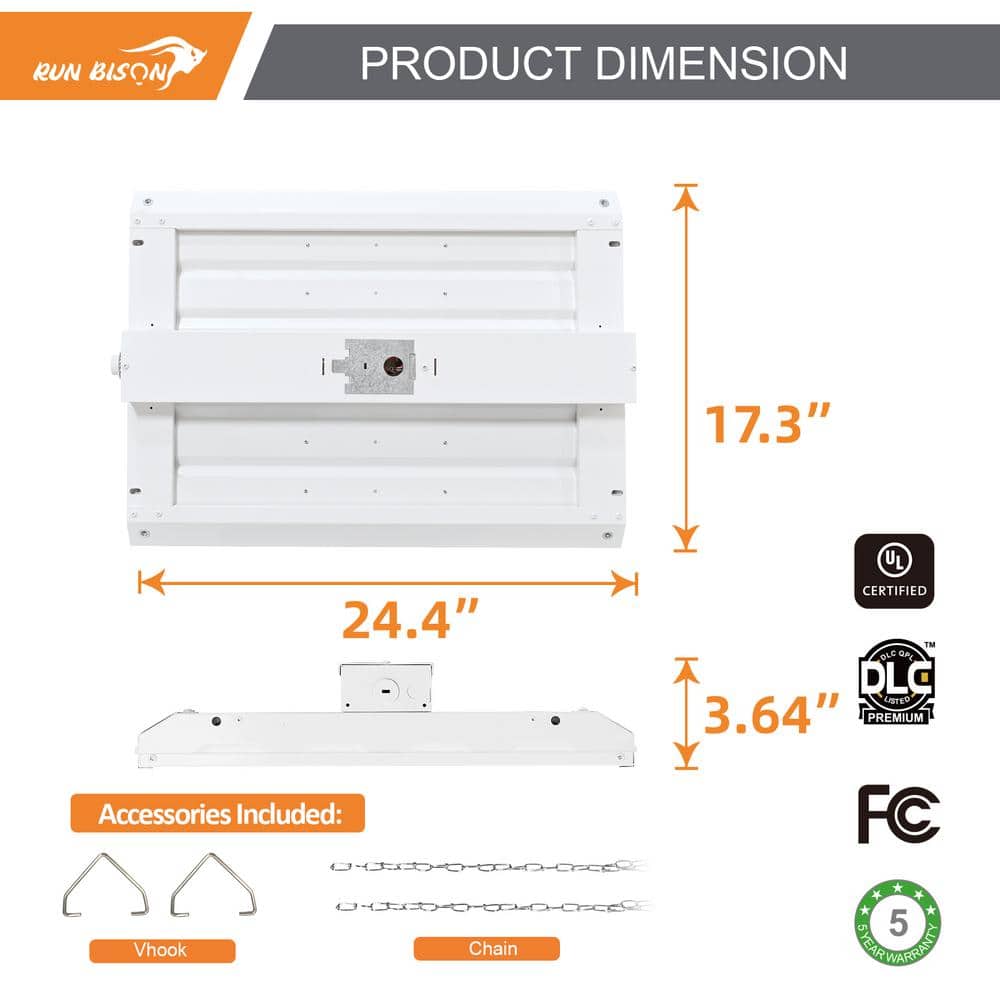 RUN BISON 2 ft. 800-Watt Equivalent Integrated LED Dimmable High Bay Light with 120-277V 28,350lm 5000K Daylight (4-Pack)