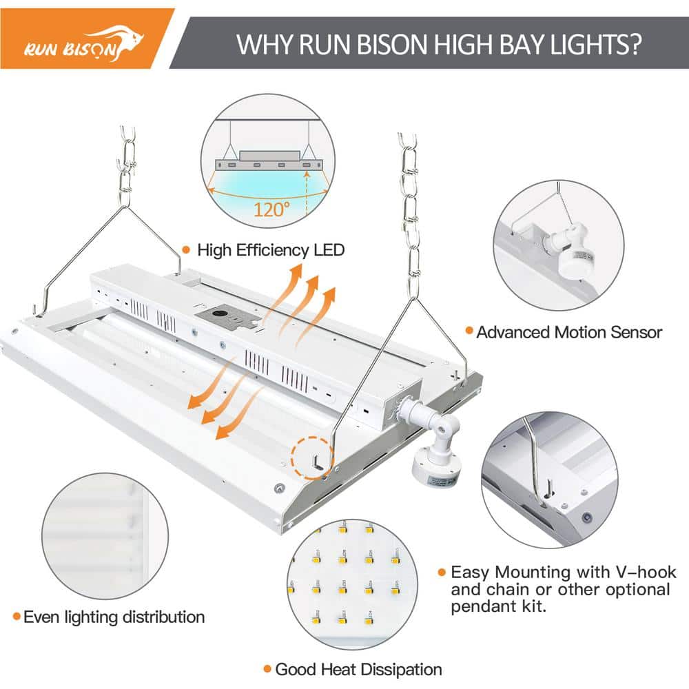 RUN BISON 4-Pack 2 ft. 800-Watt Equivalent 28,350 Lumens Integrated LED Dimmable High Bay Light With Motion Sensor, 5000K Daylight