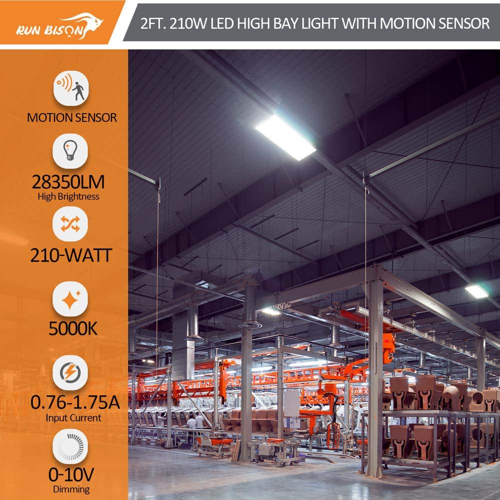 RUN BISON 4-Pack 2 ft. 800-Watt Equivalent 28,350 Lumens Integrated LED Dimmable High Bay Light With Motion Sensor, 5000K Daylight
