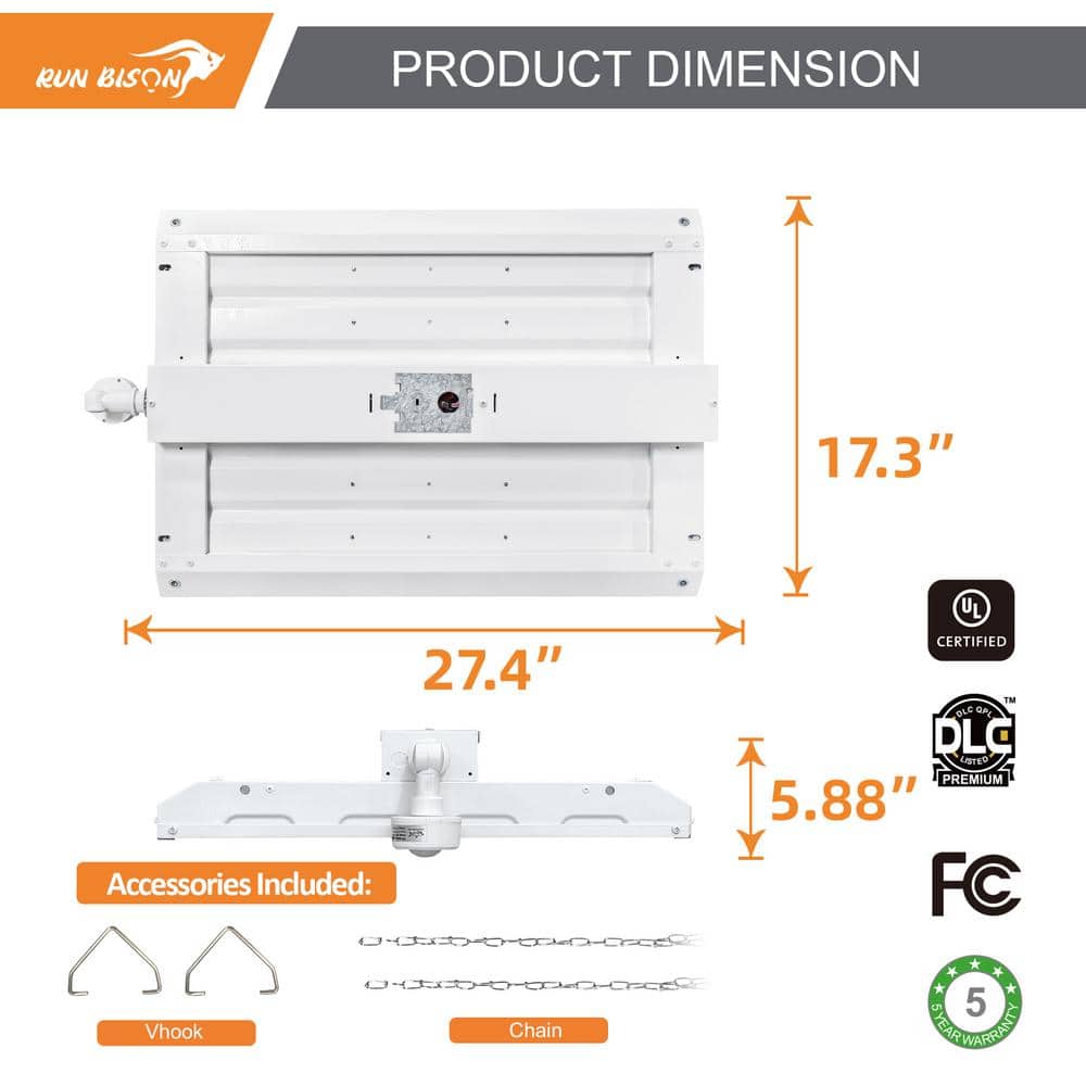 RUN BISON 4-Pack 2 ft. 800-Watt Equivalent 28,350 Lumens Integrated LED Dimmable High Bay Light With Motion Sensor, 5000K Daylight