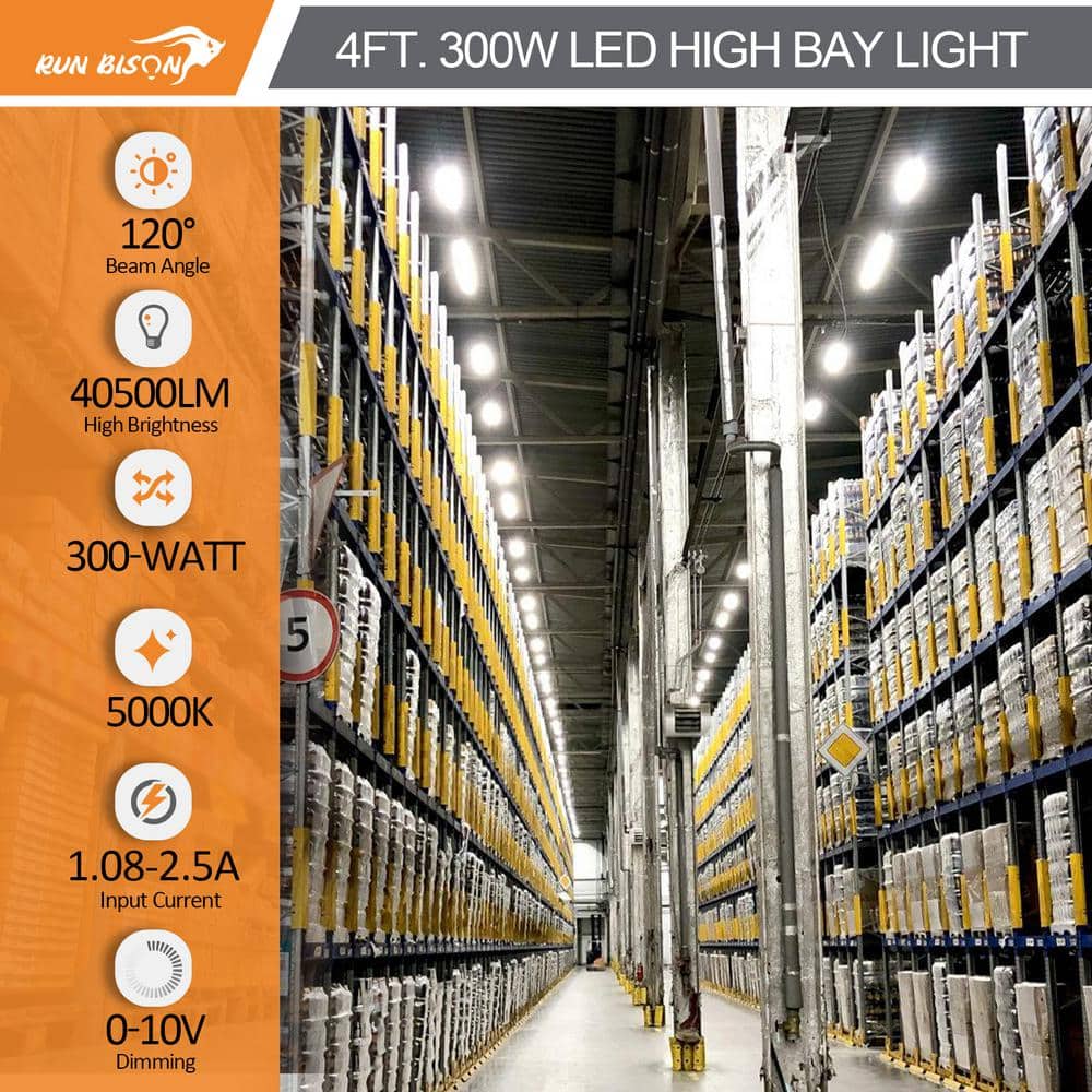 RUN BISON 45.9 in. 4ft. 1000-Watt Equivalent 40500Lumens Integrated LED Dimmable White Linear High Bay Light 5000K Daylight 2-Pack