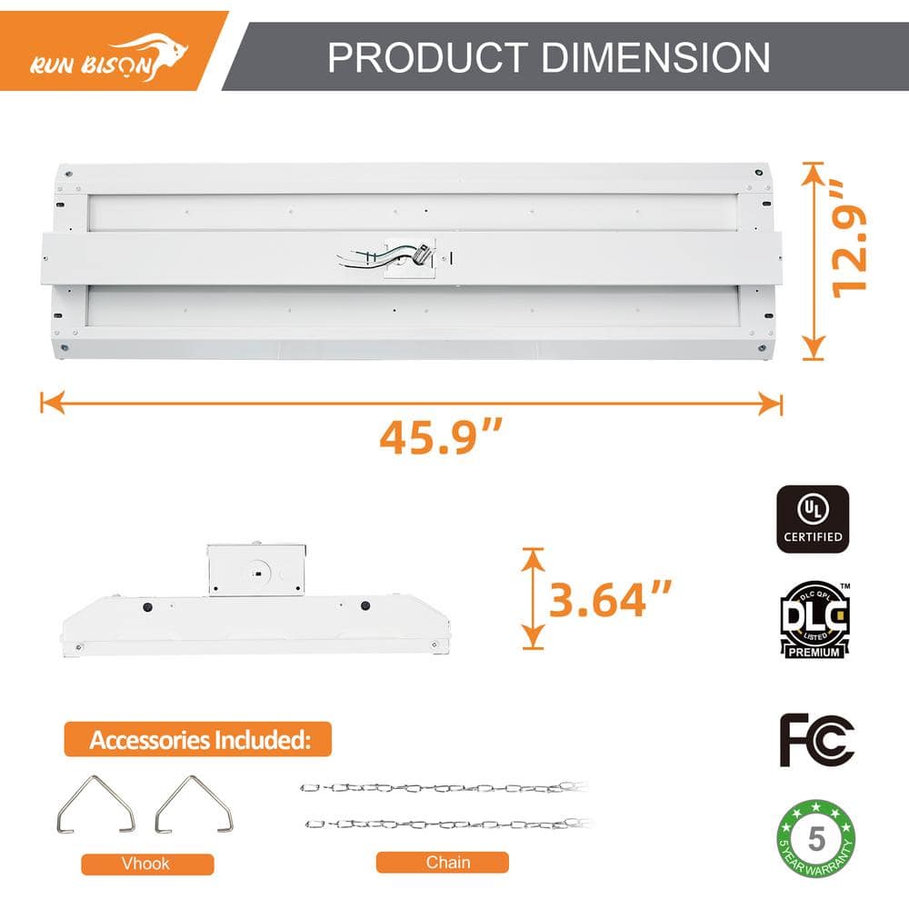 RUN BISON 4 ft. White 1000-Watt Equivalent Integrated LED Dimmable Linear High Bay Light, 40500 Lumens 5000K Dayllight