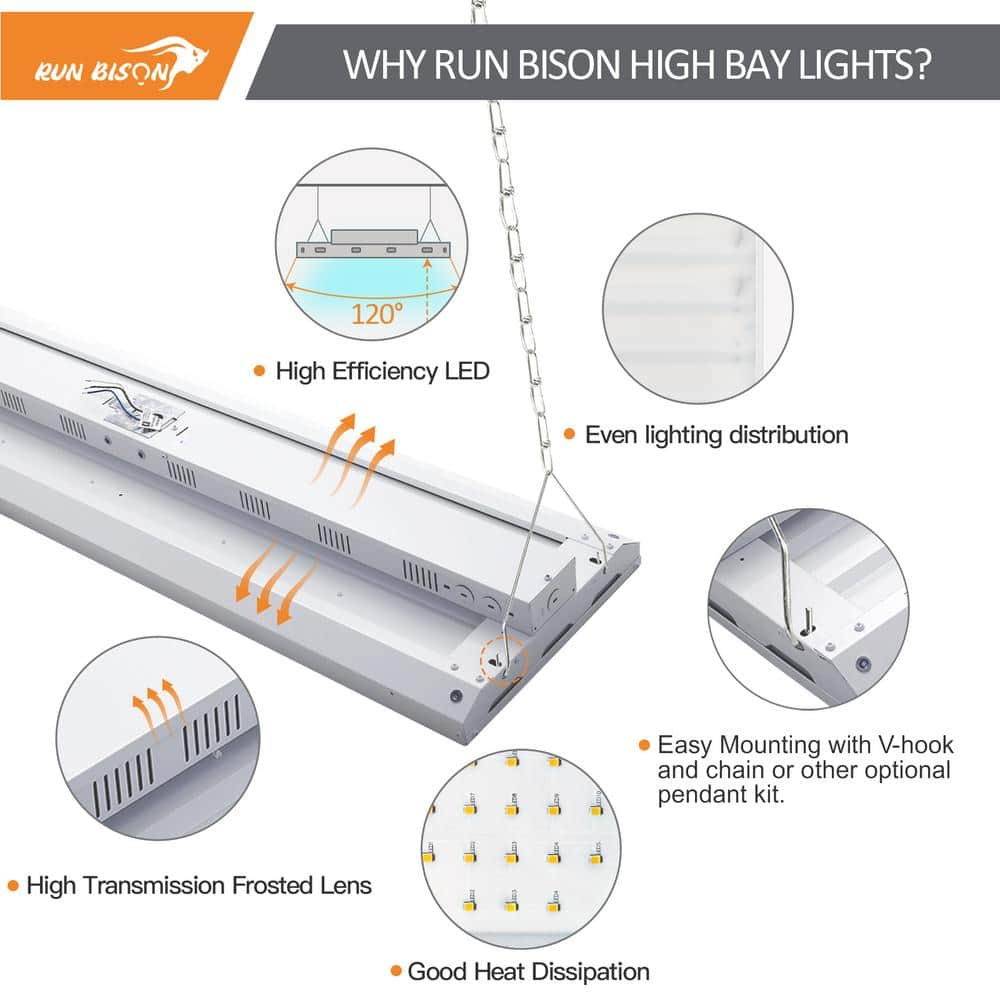 RUN BISON 45.9 in. 4ft. 1000-Watt Equivalent 40500Lumens Integrated LED Dimmable White Linear High Bay Light 5000K Daylight 4-Pack