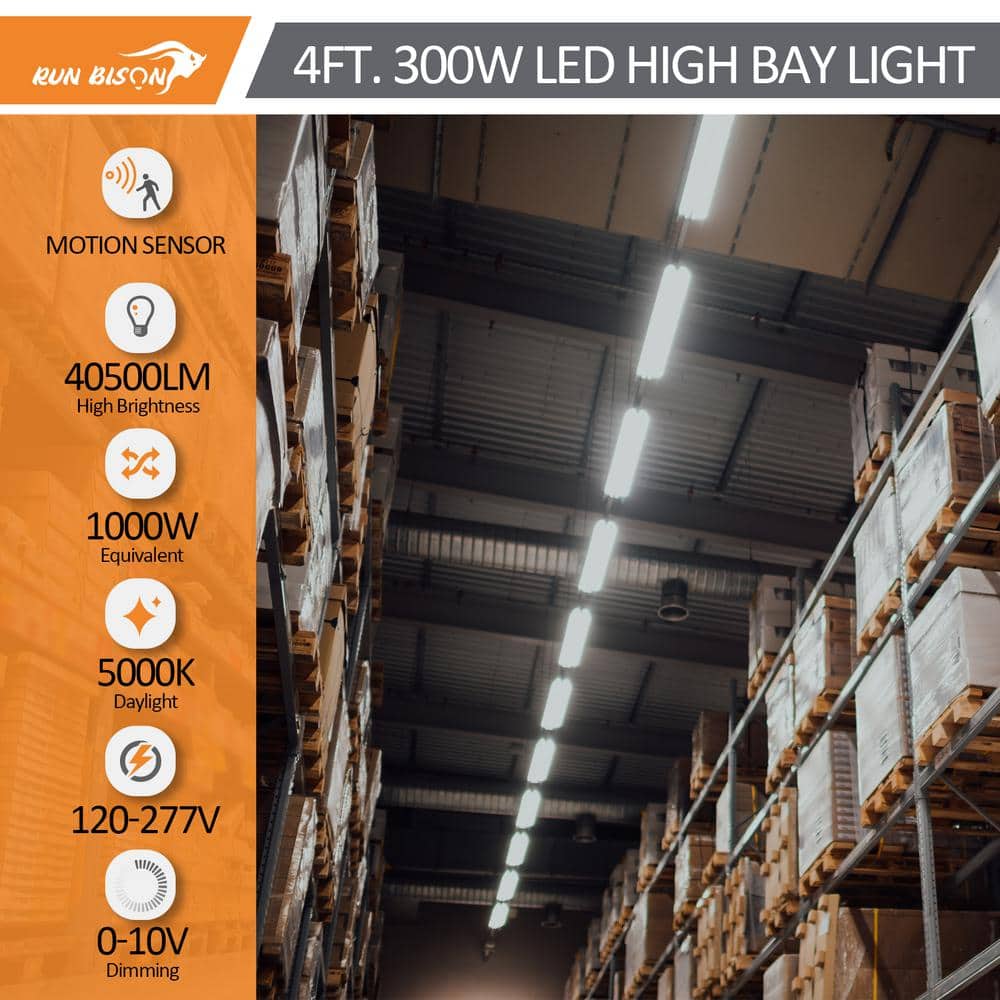 RUN BISON 1000-Watt Equivalent Integrated LED Dimmable Linear High Bay Light 40500 Lumens 5000K Daylight with Motion Sensor