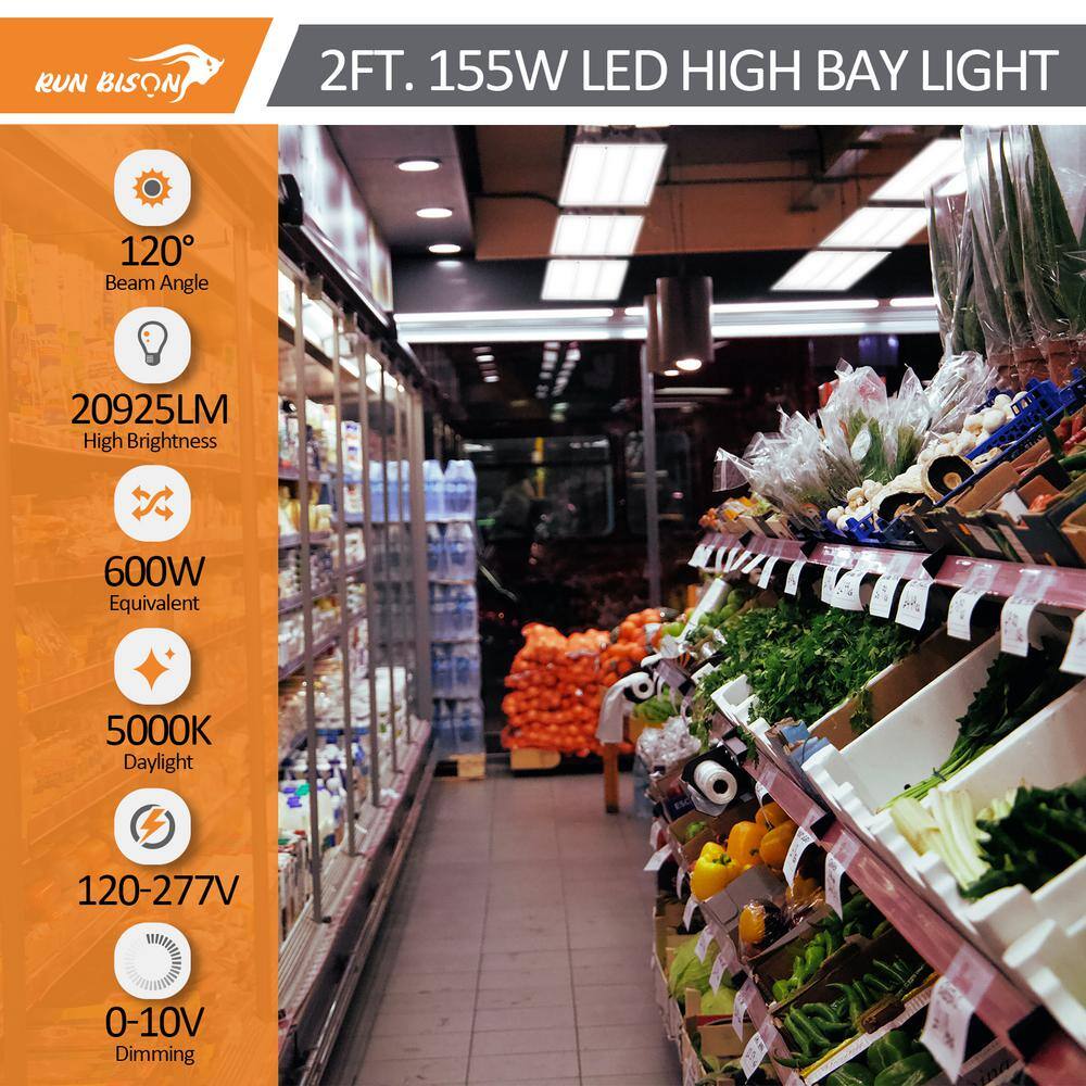 RUN BISON 2-PACK 2ft. 600W Equivalent Integrated LED Dimmable High Bay Light with 120-277V 20,925lm 5000K Daylight