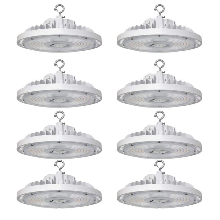 RUN BISON 8-Pack 10.6 in. White 450-Watt Equivalent Integrated LED UFO High Bay Light Fixture, 5000K 21750Lumens, 0-10V Dimmable