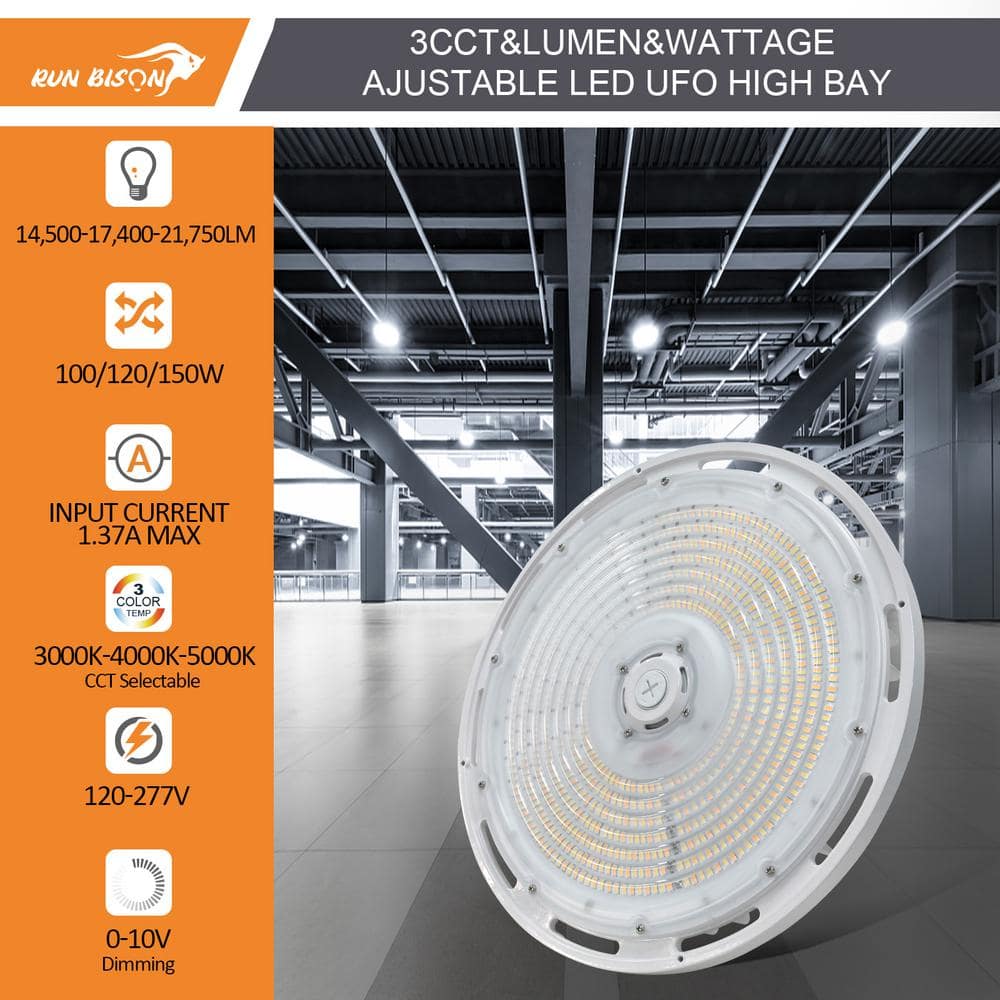 RUN BISON 8-Pack 10.6 in. White 450-Watt Equivalent Integrated LED UFO High Bay Light Fixture, 5000K 21750Lumens, 0-10V Dimmable