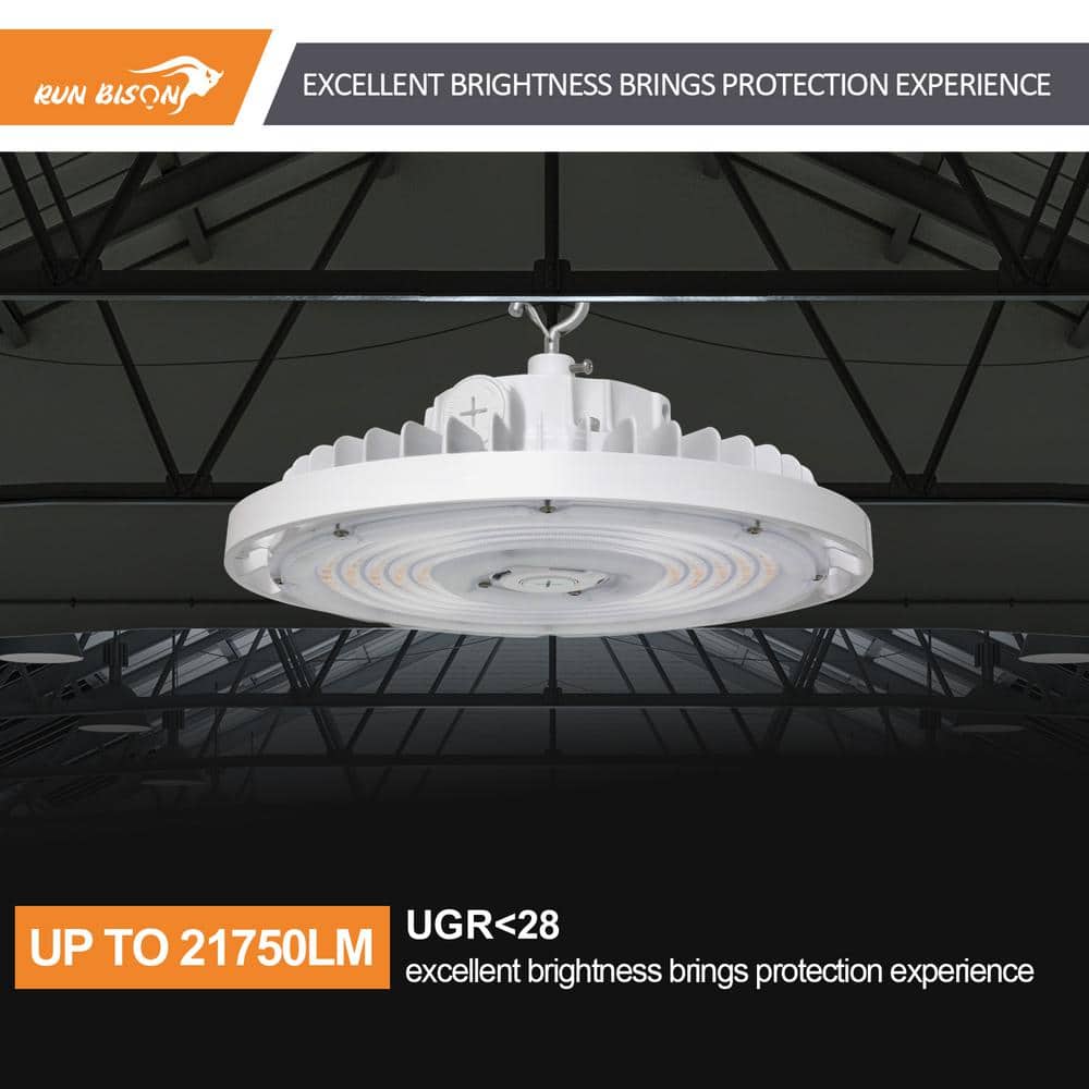 RUN BISON 8-Pack 10.6 in. White 450-Watt Equivalent Integrated LED UFO High Bay Light Fixture, 5000K 21750Lumens, 0-10V Dimmable