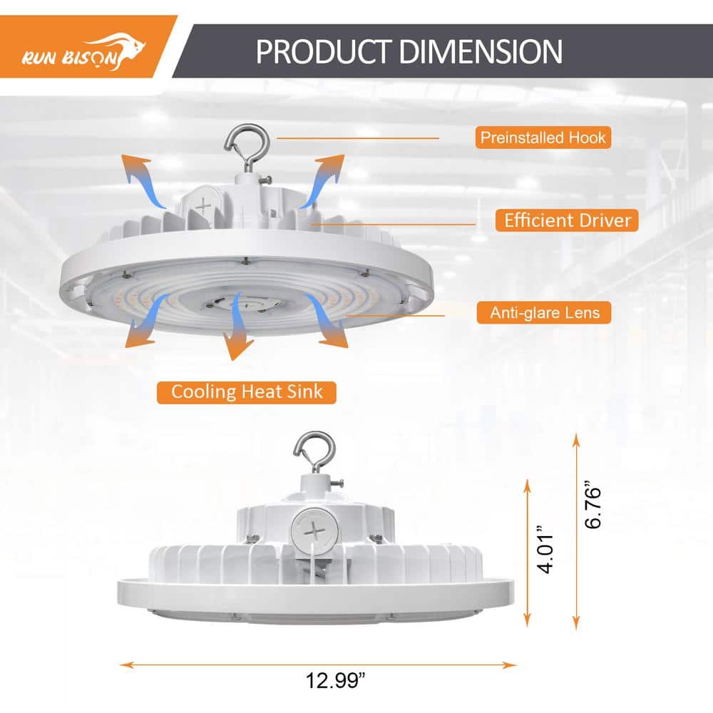 RUN BISON 13 in. 240W White Integrated LED UFO High Bay Light Garage Light, Up To 34800LM, 3000/4000/5000K, 0-Volt to 10-Volt