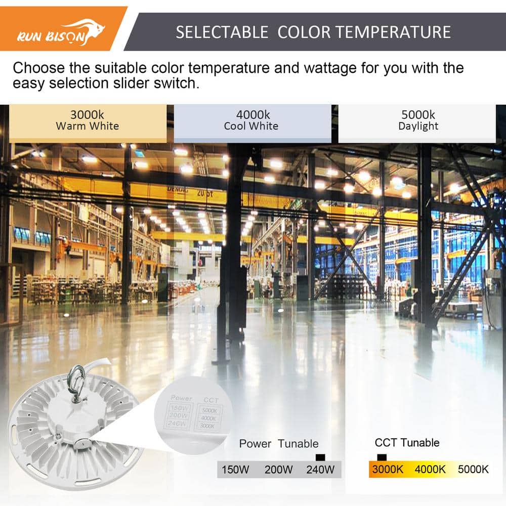 RUN BISON 13 in. 240W White Integrated LED UFO High Bay Light Garage Light, Up To 34800LM, 3000/4000/5000K, 0-Volt to 10-Volt