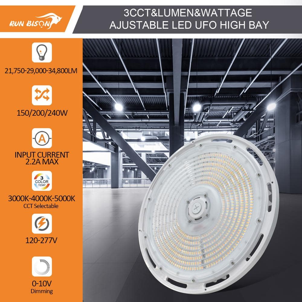 RUN BISON 13 in. 240W White Integrated LED UFO High Bay Light Garage Light, Up To 34800LM, 3000/4000/5000K, 0-Volt to 10-Volt