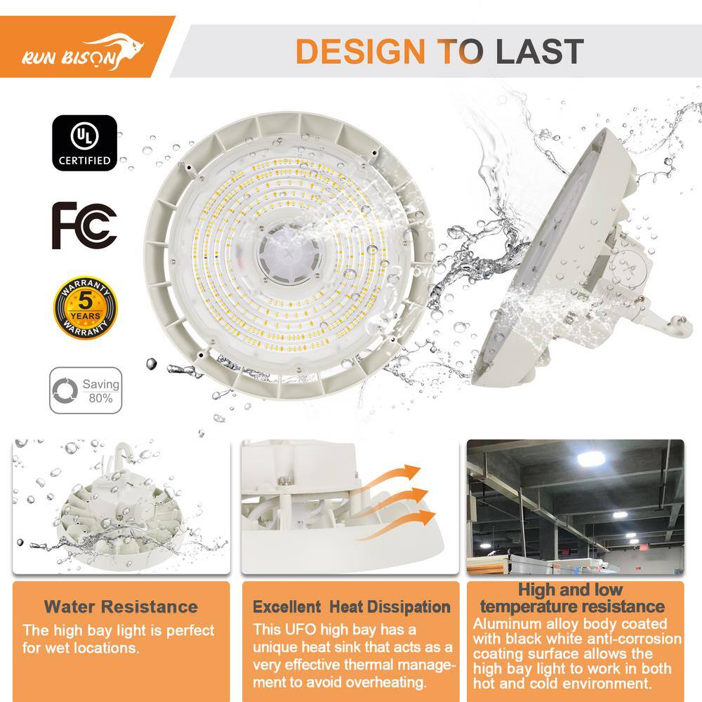 RUN BISON 10.4in. White 150W Integrated LED UFO High Bay Light Fixture, 4000K/5000K Up to 21000 Lumens, 0-10V Dimmable (4-PACK)
