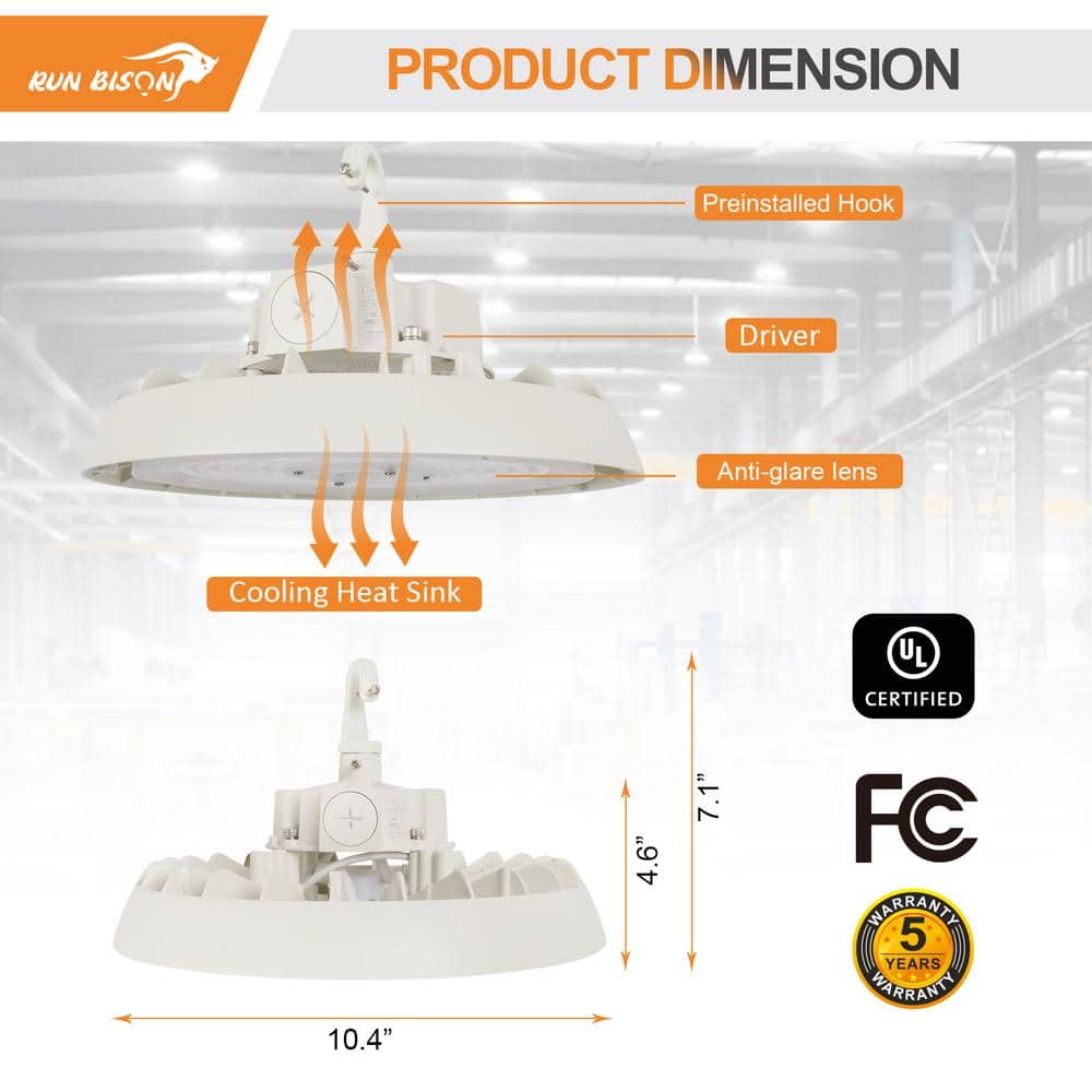 RUN BISON 10.4in. White 150W Integrated LED UFO High Bay Light Fixture, 4000K/5000K Up to 21000 Lumens, 0-10V Dimmable (4-PACK)