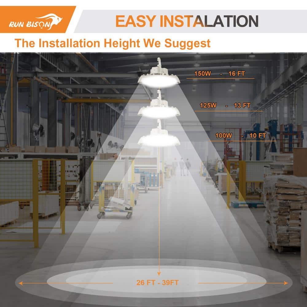 RUN BISON 10.4in. White 150W Integrated LED UFO High Bay Light Fixture, 4000K/5000K Up to 21000 Lumens, 0-10V Dimmable (4-PACK)