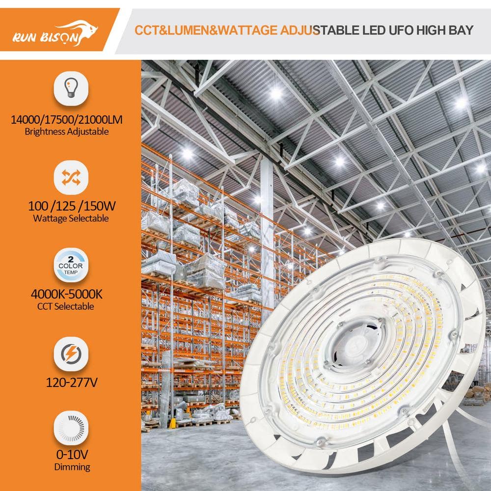RUN BISON 10.4in. White 150W Integrated LED UFO High Bay Light Fixture, 4000K/5000K Up to 21000 Lumens, 0-10V Dimmable (4-PACK)