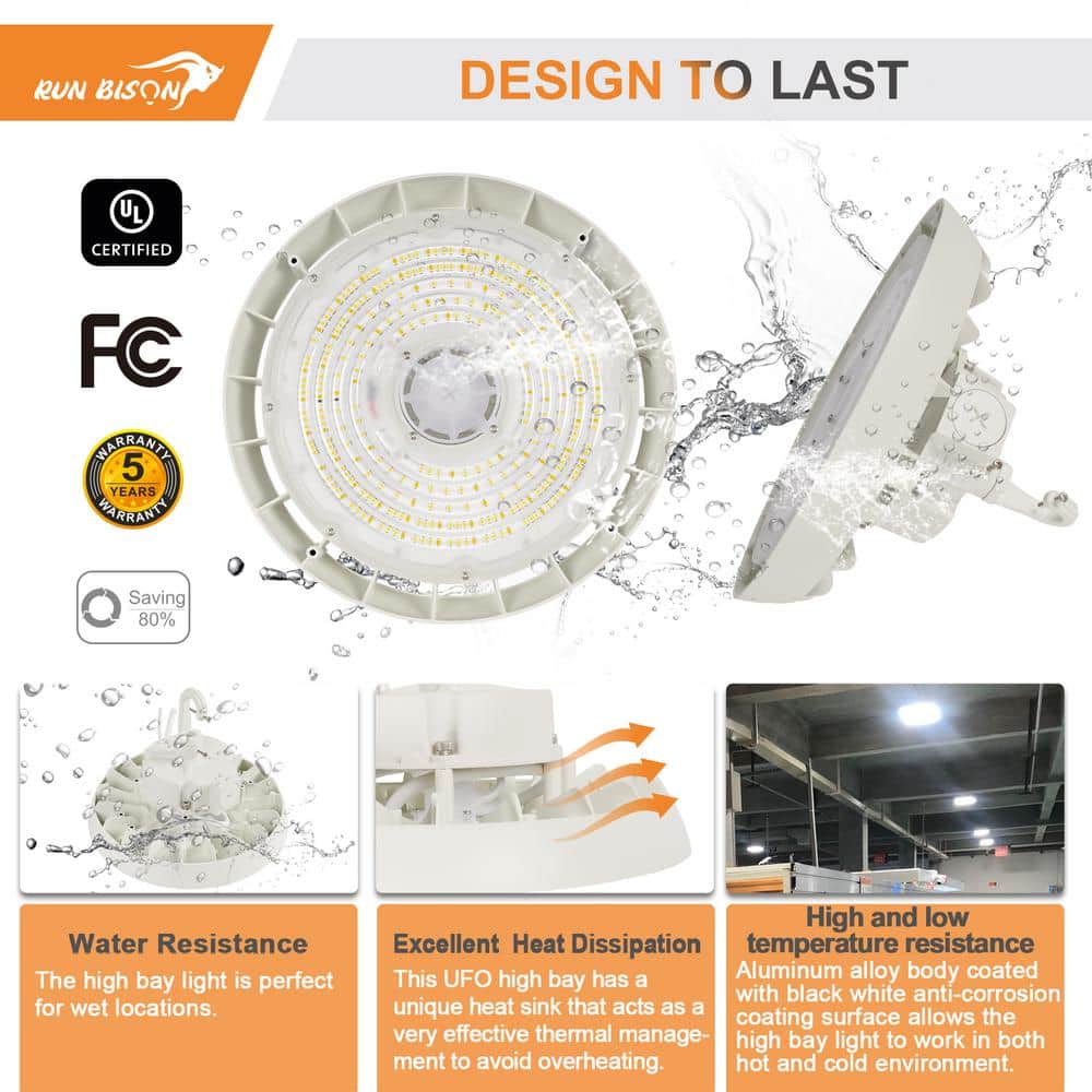 RUN BISON 12.8 in. Integrated LED UFO High Bay Light Fixture White Garage Light Up to 33600 Lumens 4000K/5000K, 0-10-Volt Dimmable