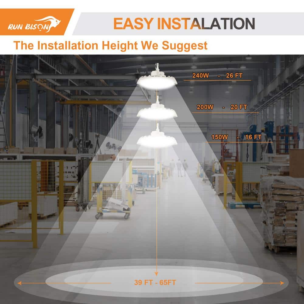 RUN BISON 12.8 in. Integrated LED UFO High Bay Light Fixture White Garage Light Up to 33600 Lumens 4000K/5000K, 0-10-Volt Dimmable